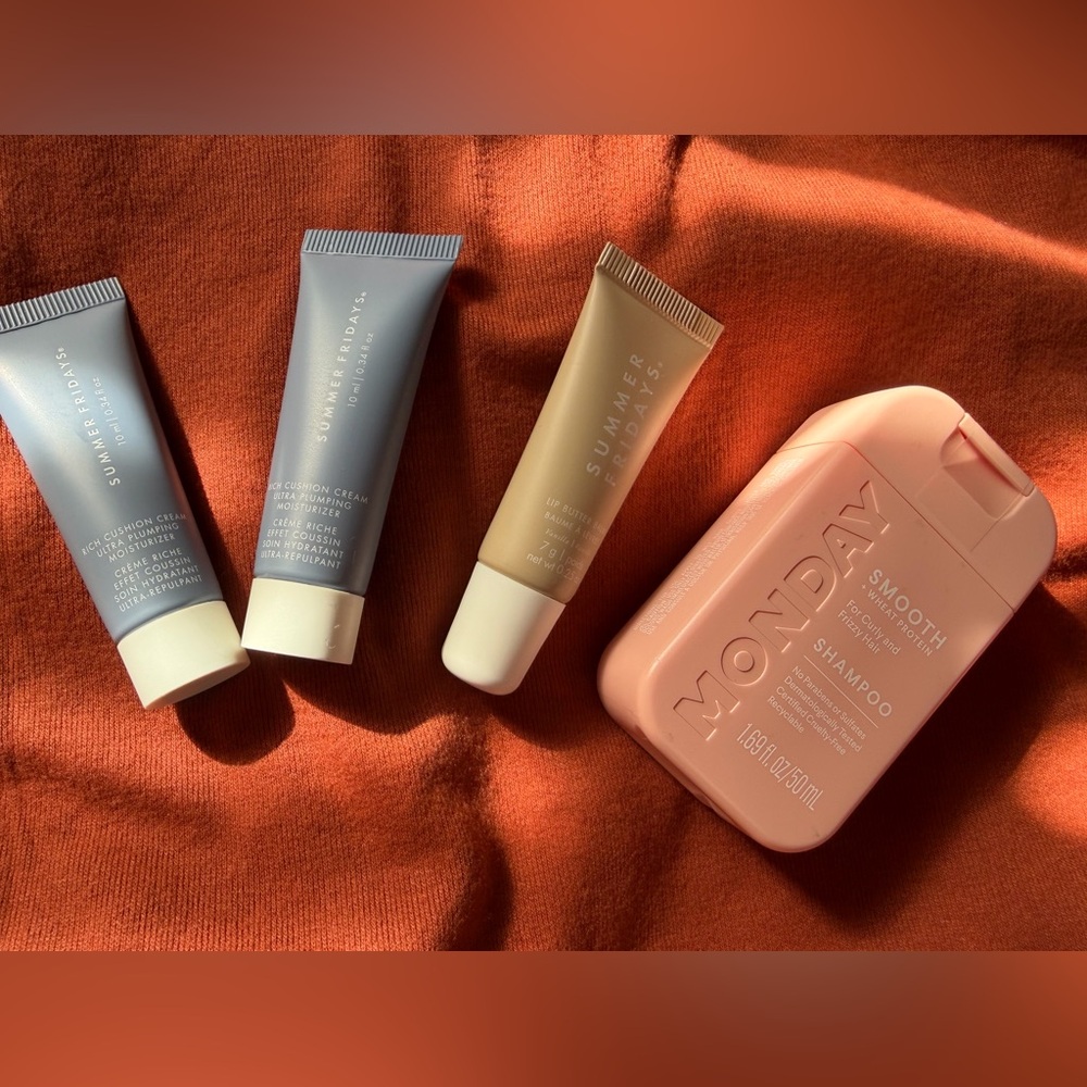Summer Fridays moisturizers,lip balm, and Monday shampoo